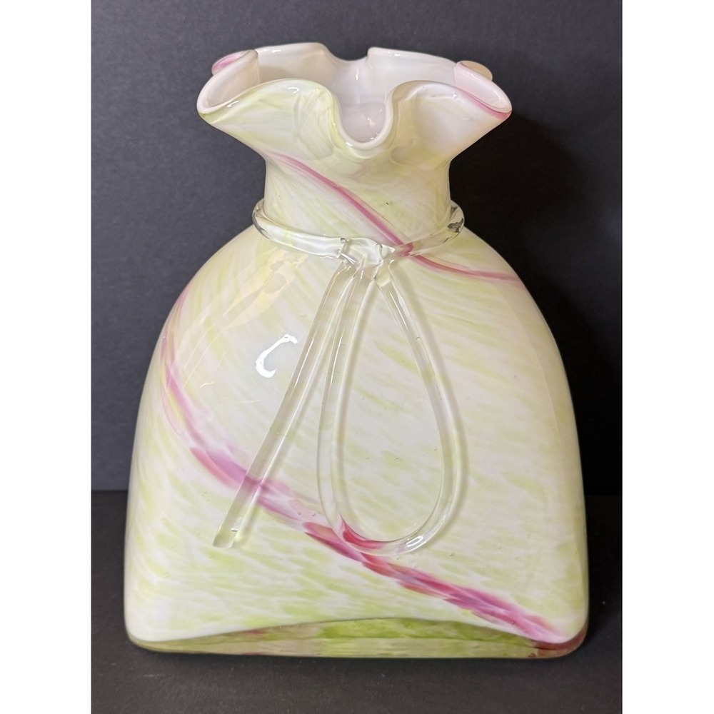 Vintage Hand Blown Art Glass Sack Vase Pink Green Swirl Pouch Polished Pontil